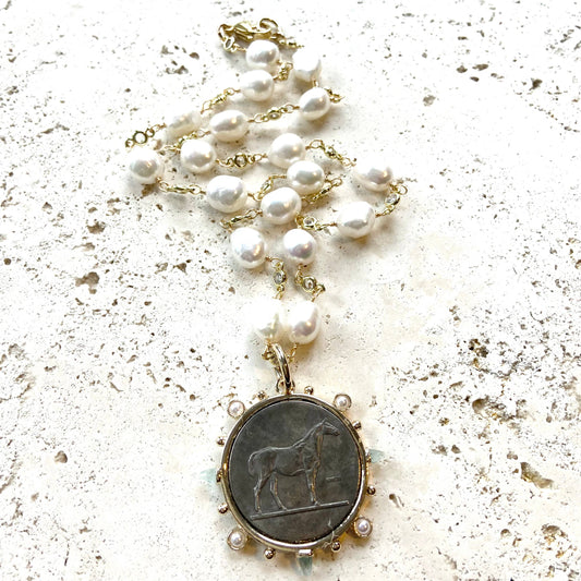 Horse jewelry French coin medallion equestrian necklace